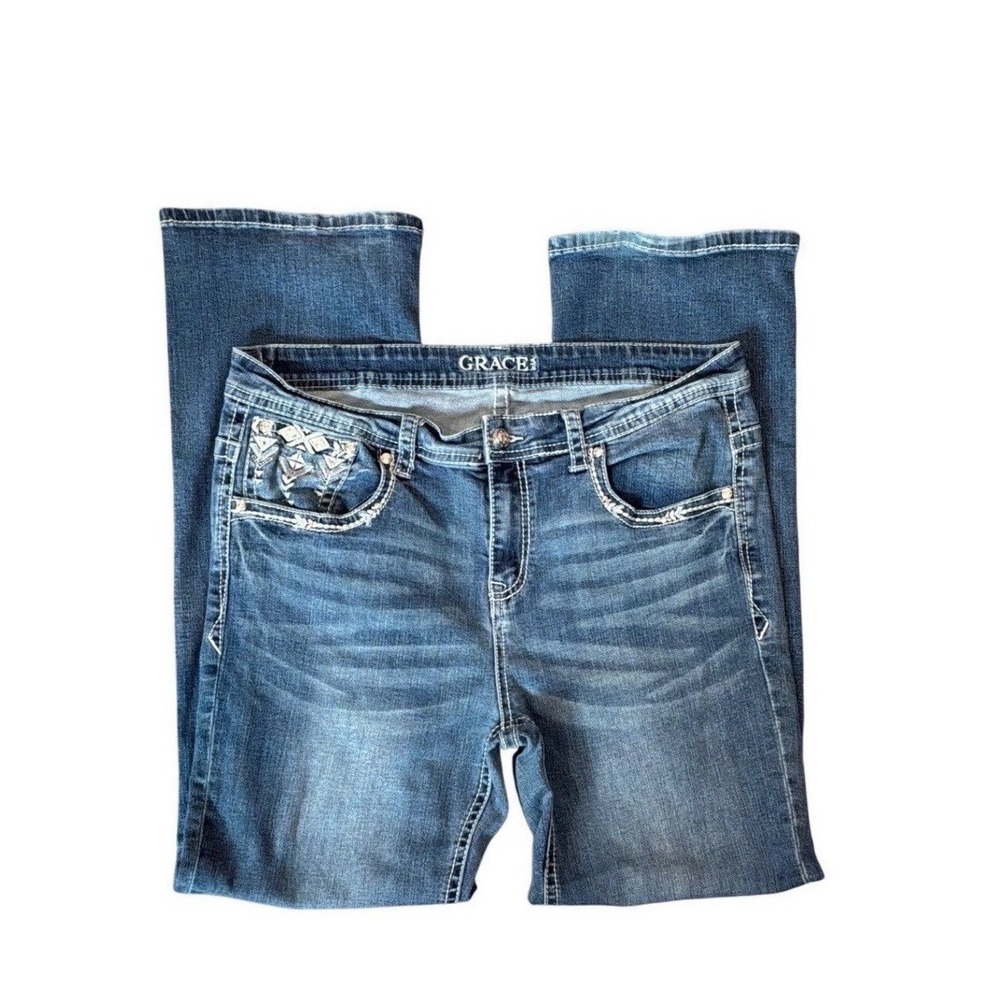 Grace in LA Womens Plus Size 18 Bootcut‎ Jeans Embroidered Bling Medium Wash